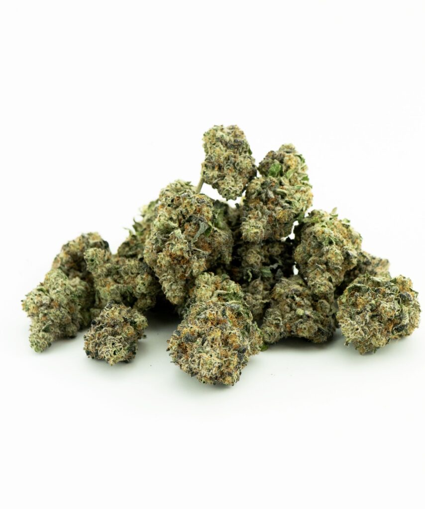 Beauty shot of a grouping of hand trimmed Stinky Fuel buds that are as freshly green as they are speckled in orange hairs and sparkling in silver trichomes.